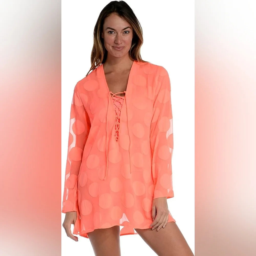 ​La Blanca Coral Neon Orange Polka Dot Sheer Swim Cover Up Size Large - Picture 10 of 11